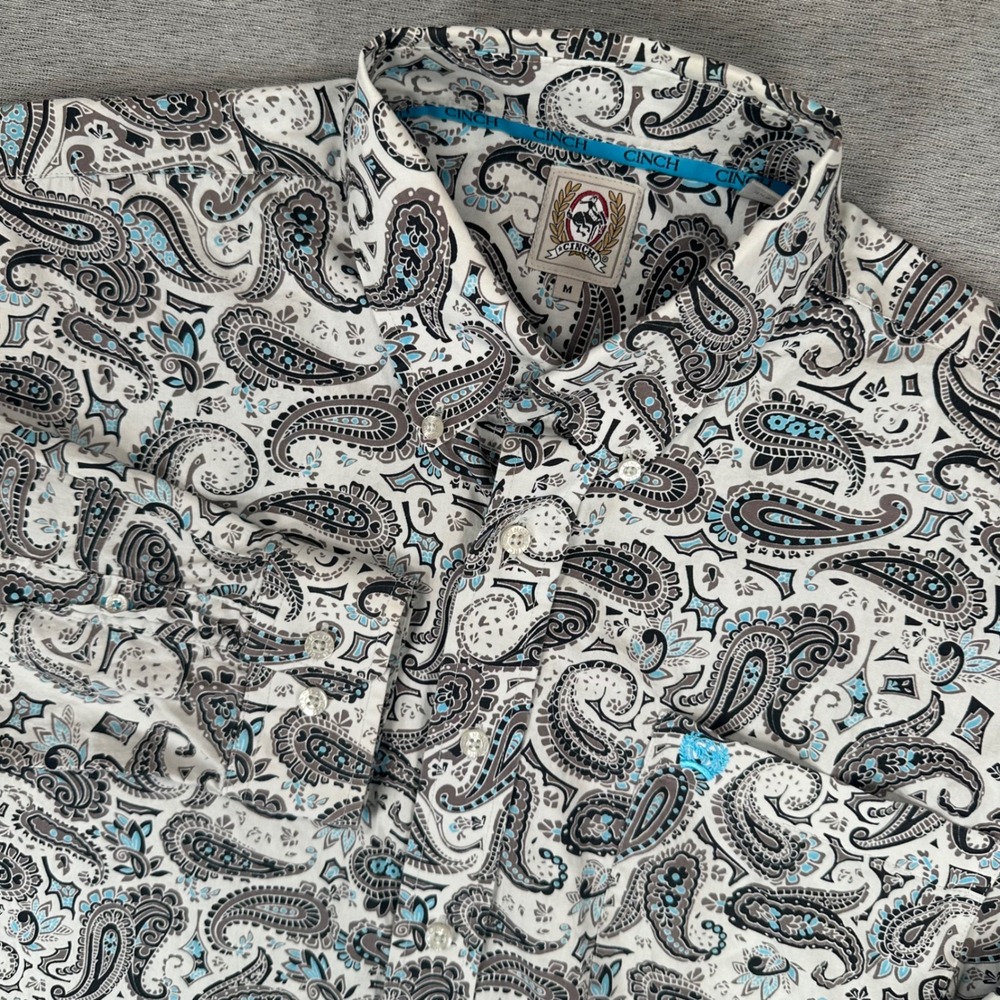 Cinch Shirt Mens M Grey Teal Paisley AOP Western Rodeo Button Down Long Sleeve